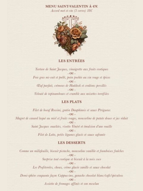 😍 Voici le Menu pour la Saint Valentin…!!!
Pensez à réserver dès maintenant… 😉